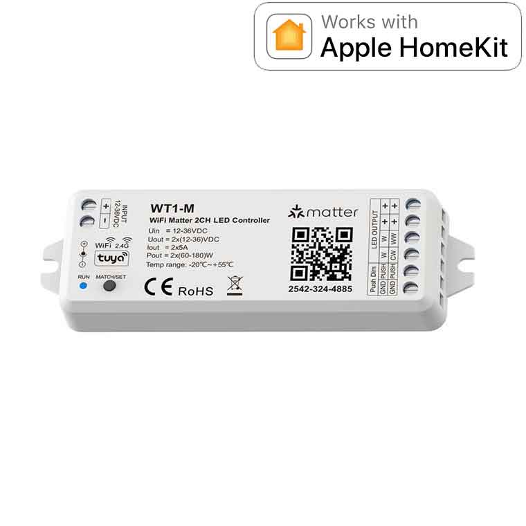 WT1-M WiFi DIM CCT 2CH LED Controller Support Tuya APP Apple Home Amazon Alexa